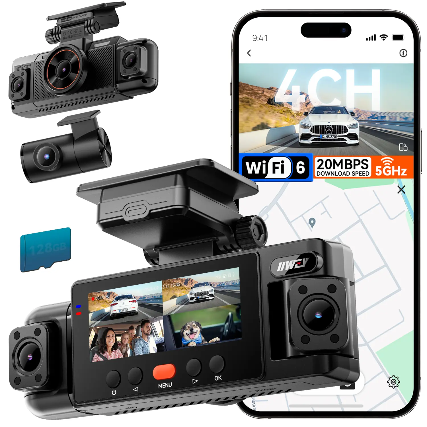 【IIWEY N6】 4-Channel 360° Dashboard Camera Recorder - 1080p FHD Front Rear Inside Car Cam, 5.8G WiFi-6, App Control, Free 128GB SD Card, 8 IR Lights Night Vision, GPS, 24/7 Parking Mode, G-Sensor, Safe Driving Camera, Car Accessories