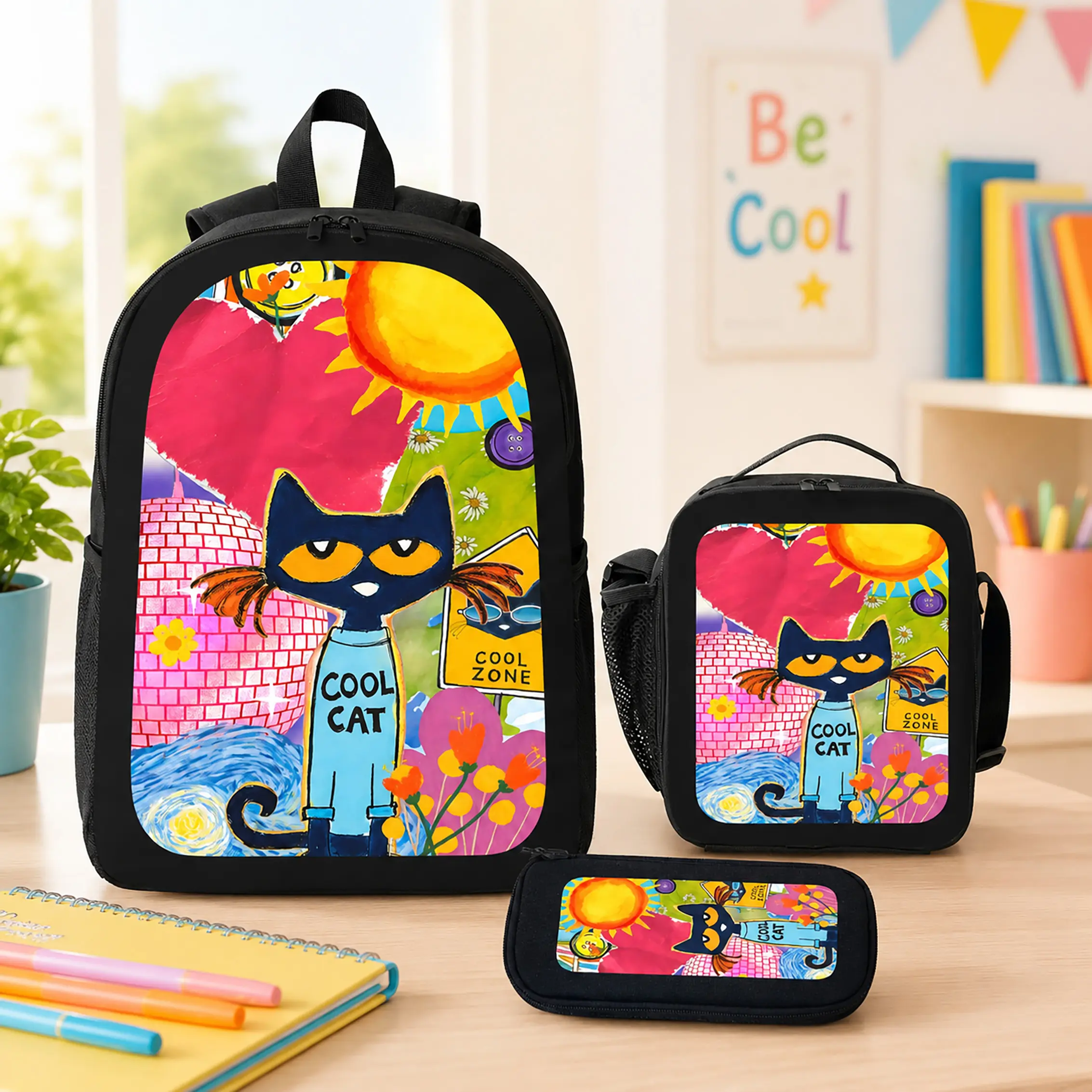 Pete The Cat Backpack Set Durable Polyester 3 Piece Backpack Lunch Bag Pencil Case Large Capacity Lightweight Bookbag For Back To School Classroom Travel Boys Girls Kids Teens Students Cat Fans Birthday Gift