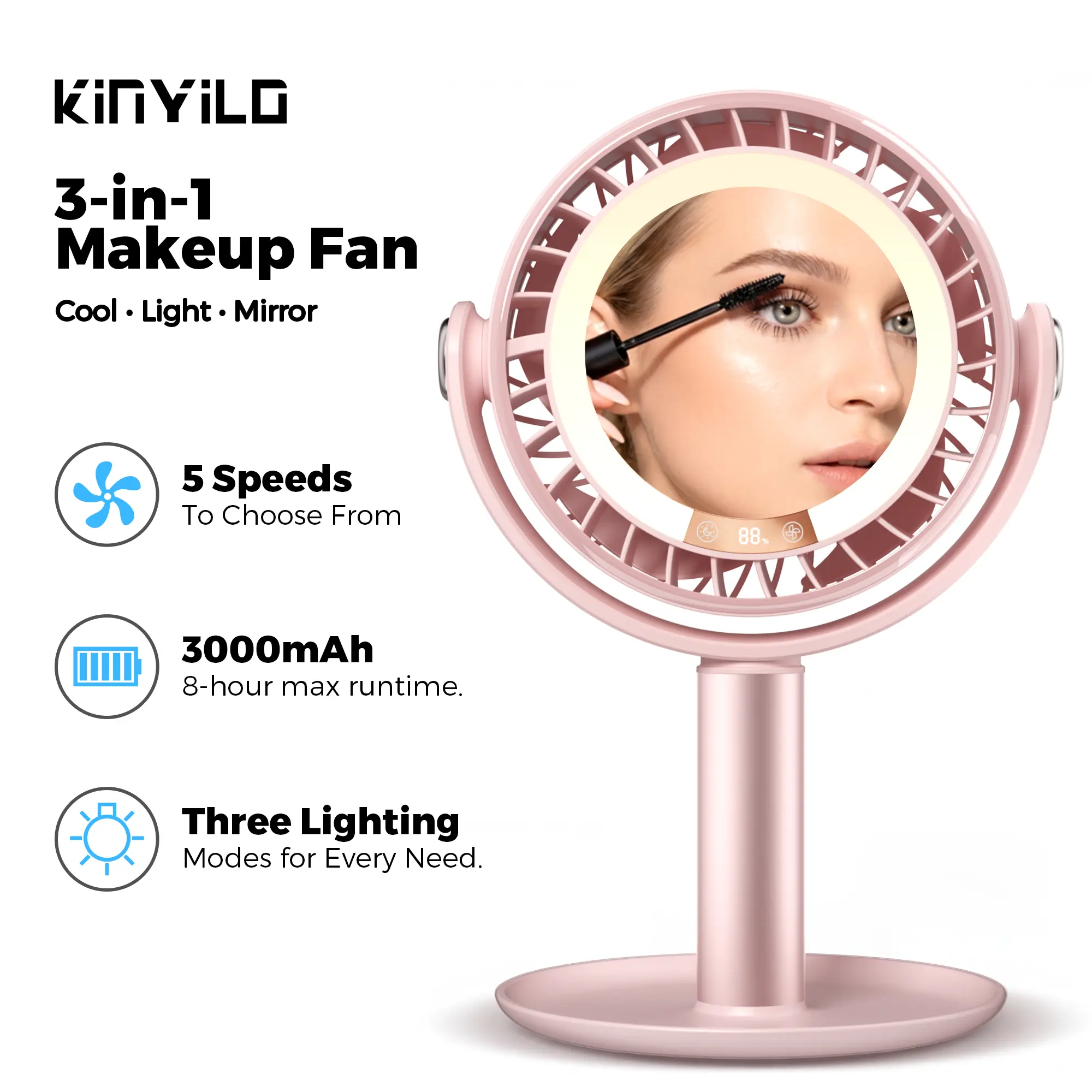 KinYiLO 3-in-1 Makeup Fan with Mirror & LED Light, 3000mAh Face Fan Rechargeable, 5 Speeds Up to 12H, 3 Color Lights, Quiet Personal Desk Gifts for Women Skincare Eyelash Extensions