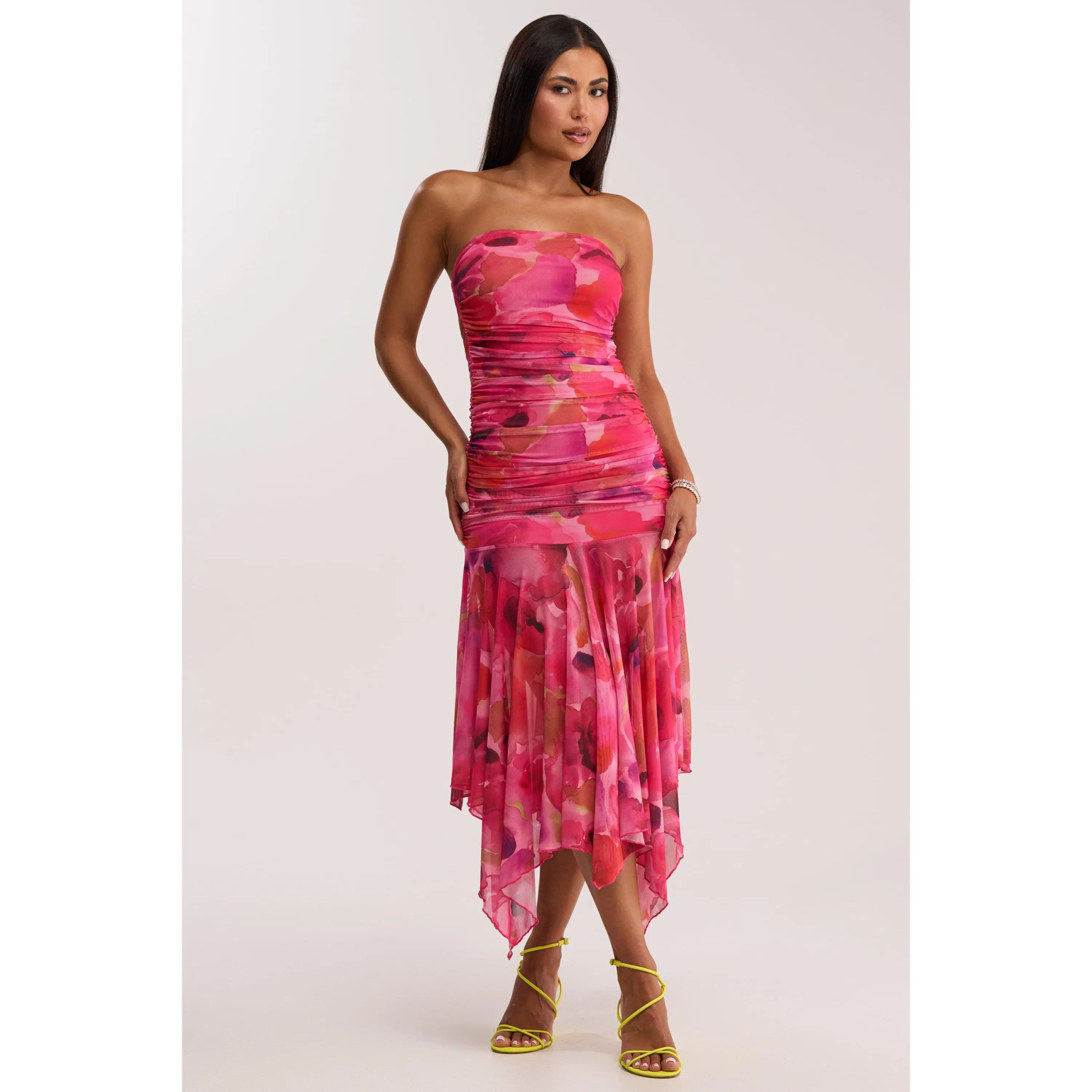 BRUNCH DATE MESH MIDI DRESS IN PINK MULTI