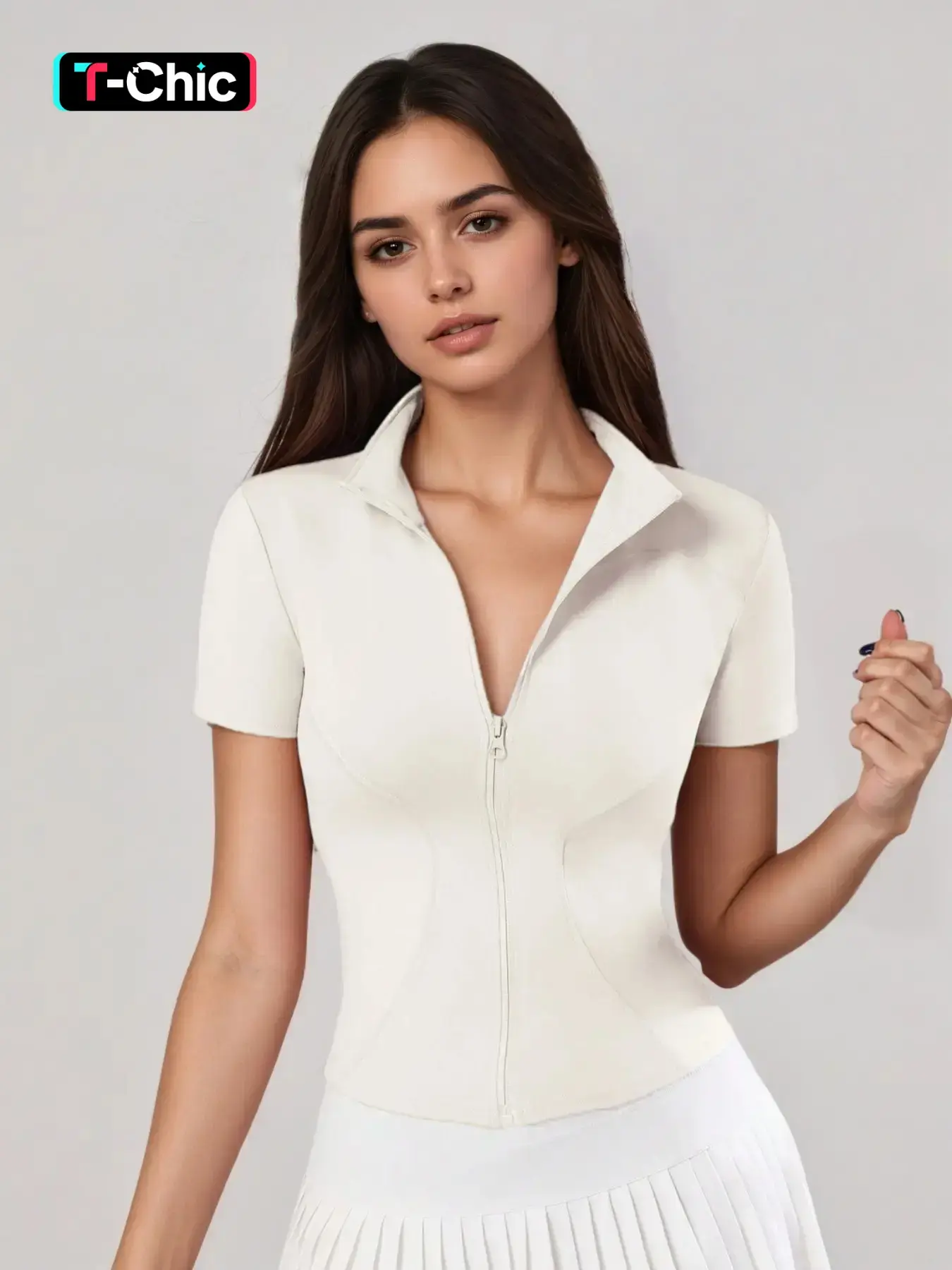Women's Sporty Slim Fit Zipper Shirt, Short Sleeve Stand Collar, Ideal for Tennis and Daily, Women's Fashion Apparel, Sports Tops, Tennis Attire, Zip Front Tops