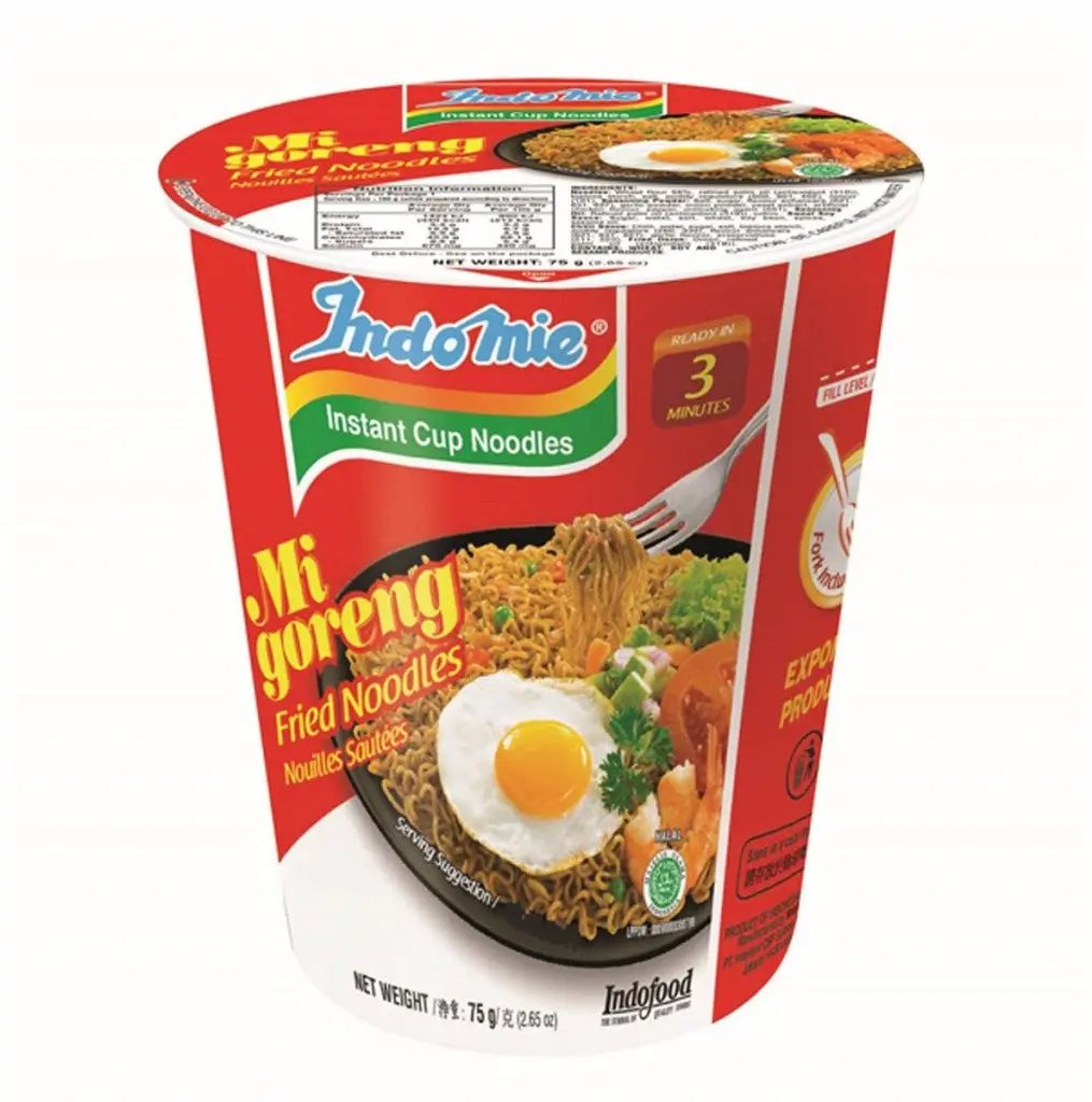 Indomie Original Salty & Savory Stir-Fry Instant Noodles Single Cup - 75g Ambient Pantry Food, High Carbohydrate, Ready in 3 Minutes, Savory-Sweet, Seasoning Powder: Salt, Sugar, Flavor Enhancers (Monosodium Glutamate (621), Disodium Inosinate (631), Diso