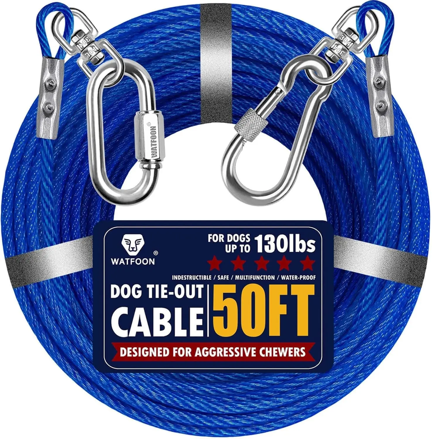 Dog Leads for Yard, 50ft Tie Out Runner Steel Wire Cable, Heavy Duty Pet Tether Chains for Dogs Up to 130 Lbs, Outside, Camping, Park (50ft-Blue)