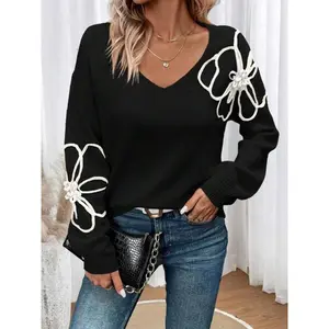 Women's Floral Design Drop Shoulder Sweater, Casual Long Sleeve V Neck Jumper for Fall & Winter, Fashion Ladies' Knitwear for Daily Wear（gift）