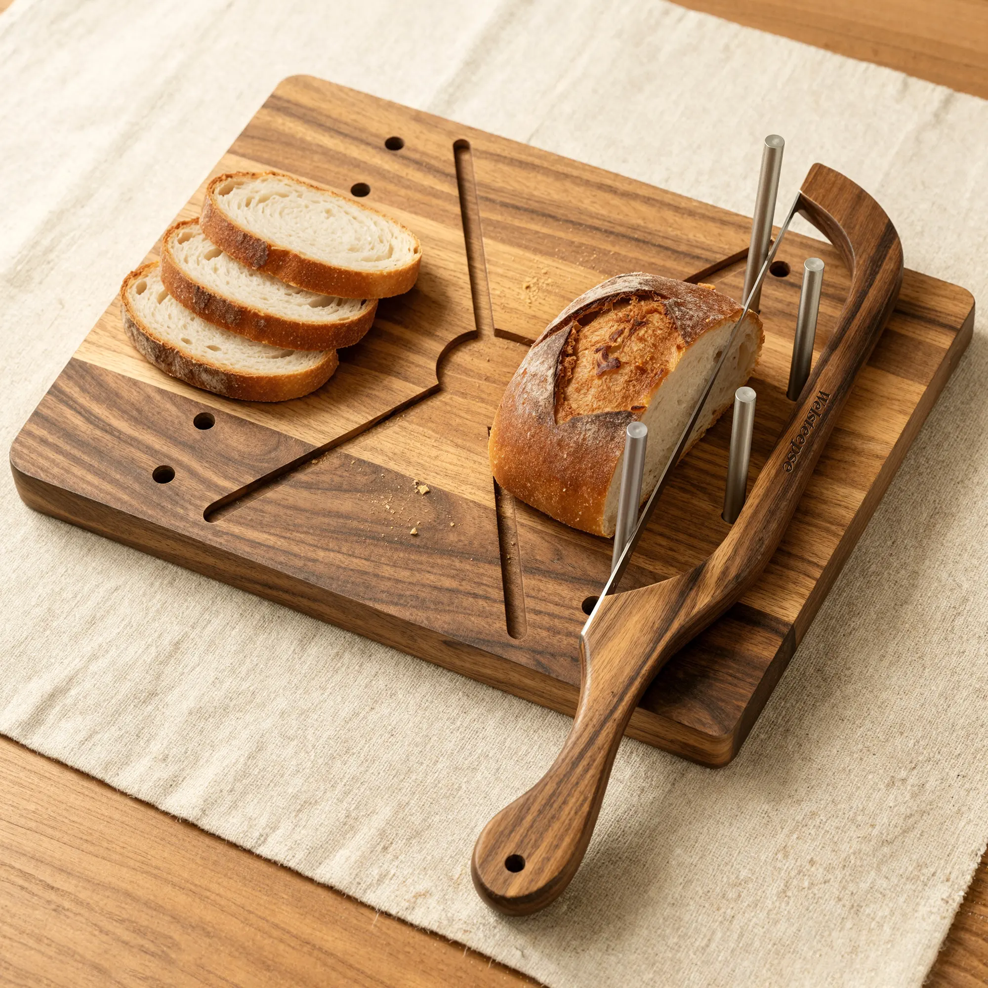 WELSTEEPSE South American Walnut Wood Bread Slicer Set with Stainless Steel Serrated Sourdough Bread Knife, Cutting Board, Stand, Bread Bag & Tray