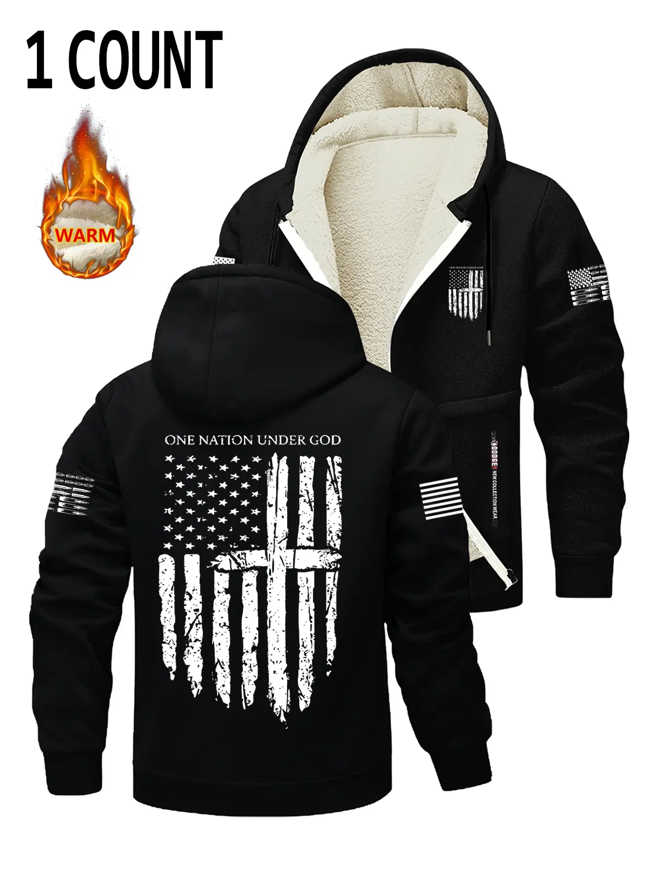 Men's Fleece Street Fashion Casual Long Sleeve Hoodie Jacket, Flag Pattern Print Design, Fall Winter Trendy Thick Coat, Zipper Pockets, Perfect Warm Outerwear