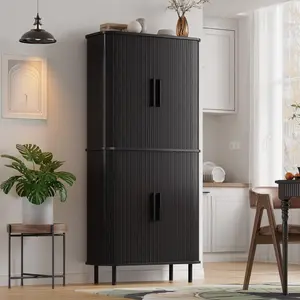 ONBRILL 71" Fluted Pantry Cabinet Tall Kitchen Storage with 2 Pegboards 4 Hooks & Adjustable Shelves Wood Cupboard for Kitchen Dining Room Living Room and Hallway