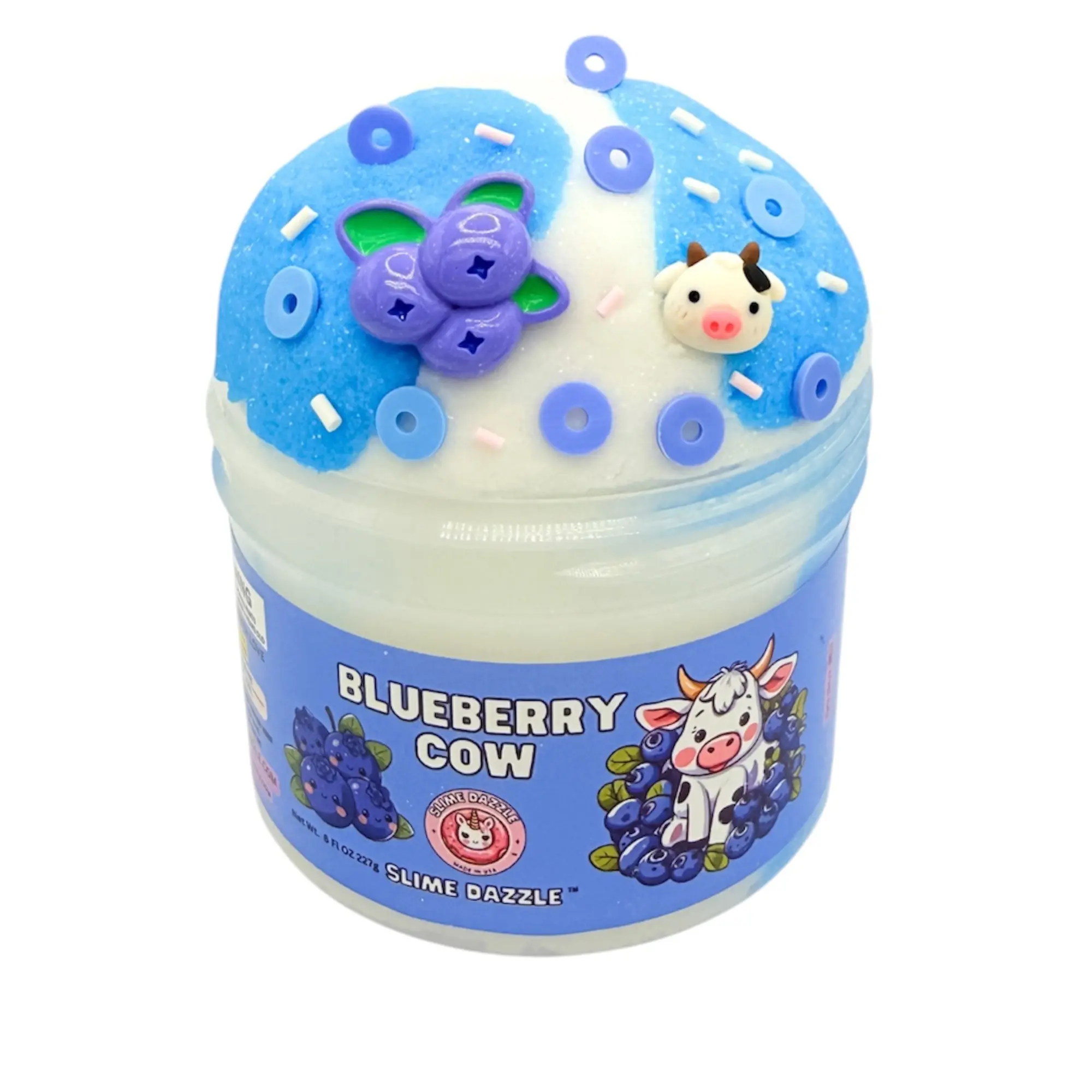 Blueberry Cow Cloud Slime  8 Fl OZ – White & Blue Drizzly Cloud Slime with Blueberry Scent, Cow & Berry Charms – Beginner Friendly Soft Stretchy Slime