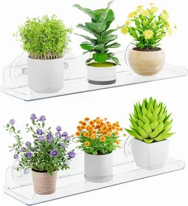 2 Pack Acrylic Window Plant Shelves with Suction Cups | Floating Window Sill Extender for Indoor Plants Succulents Herbs Microgreens Seed Starter Pots Clear Space Saving Plant Holder 14.6x3.6 Inch