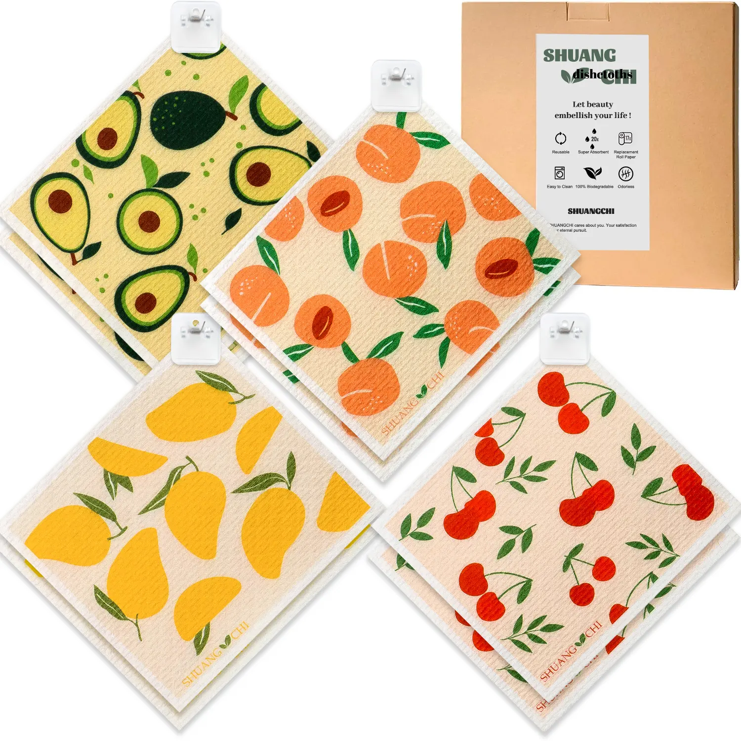 SHUANGCHI 4/8 Pack Soft Swedish Kitchen Cloth Set, Reusable Washable Fruit Pattern Microfiber Cloths with Adhesive Clips & Labels, Super Absorbent Quick-Drying for Dishwashing & Everyday Cleaning Set Disposable Set