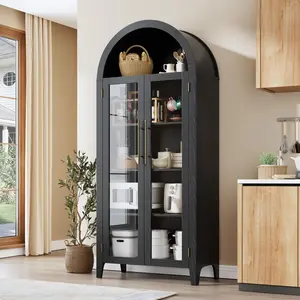 Arched Kitchen Pantry Cabinet Farmhouse 5 Tier Display Storage Shelf w/ Adjustable Shelf & 2 Large Glass Doors