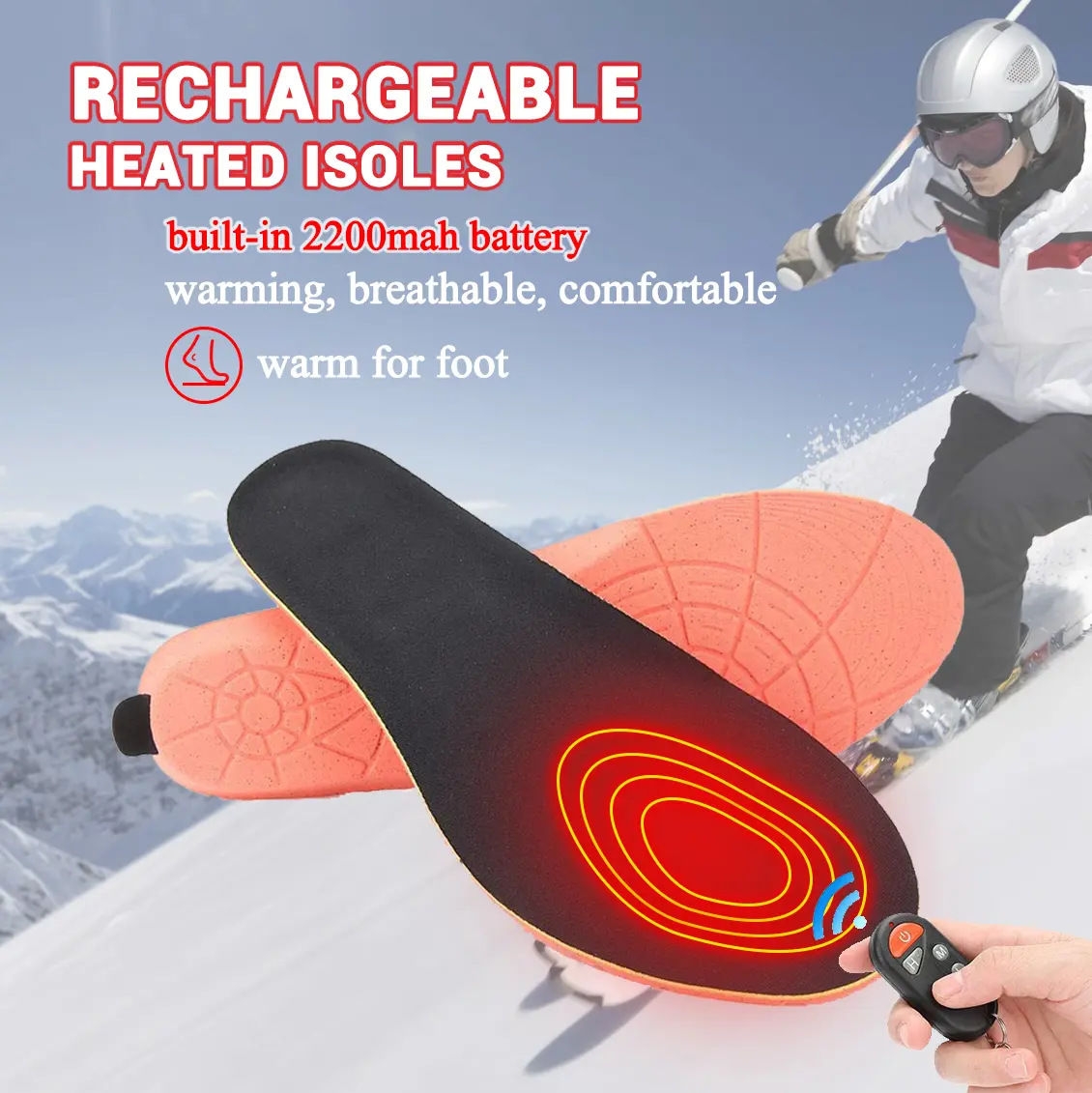 Rechargeable Heated Insoles for Women & Men 2000mAh Battery Foot Warmers for Outdoor Hunting Fishing Camping Size Adjust Footwear Shoe