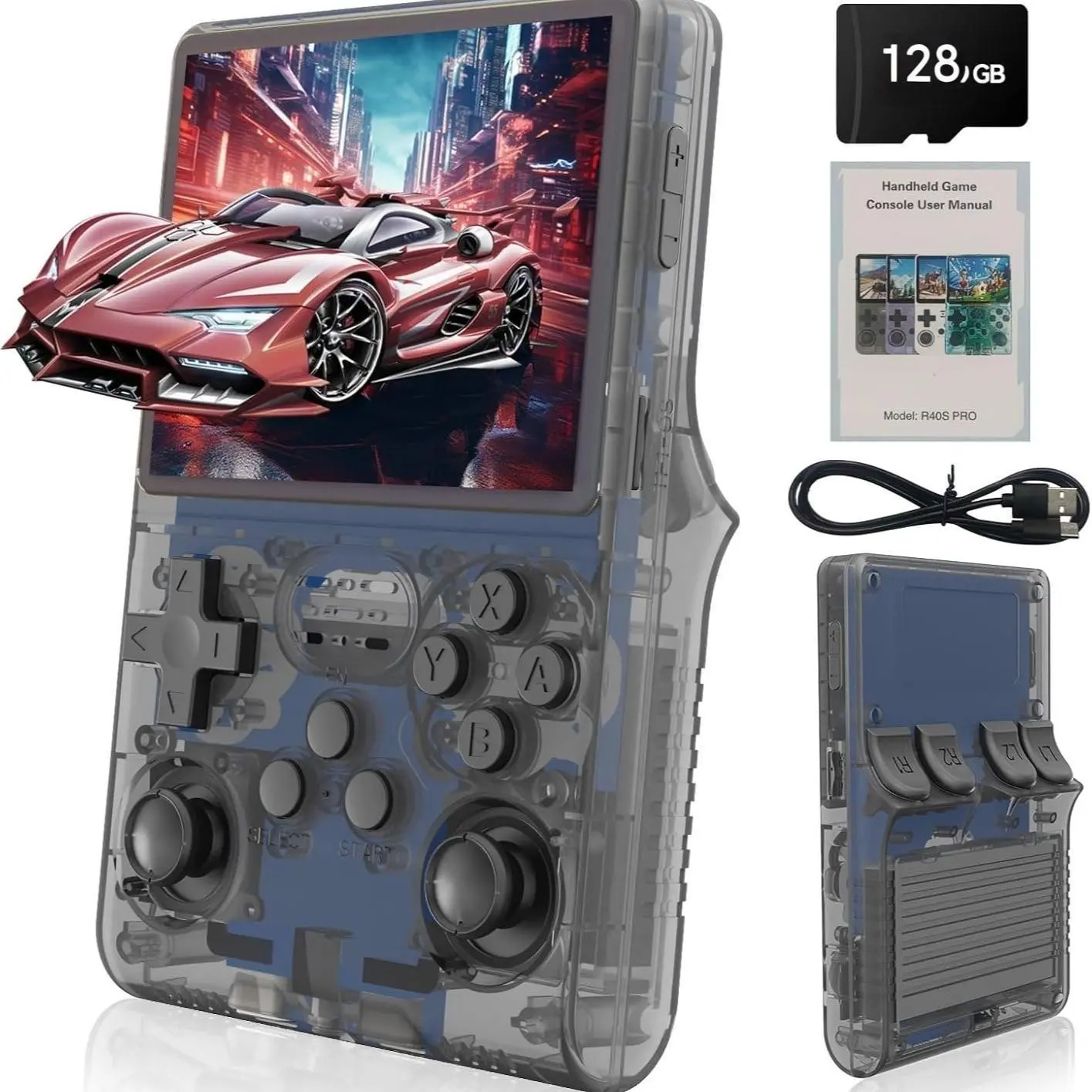 R40spro Open Source Handheld Game Console, Portable Compact Retro Arcade Machine, Transparent High-End Aesthetic Design, Long Battery Life, Multiple Emulators