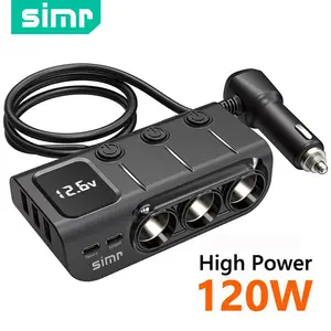 [Updated Version] simr CA01 Car Plug Lighter Adapter 120W 3 Socket Power Splitter 5 USB Ports Automotive Car Charger Car Phone Charger Fast Car Charger with LED Display Voltage On Off Switch