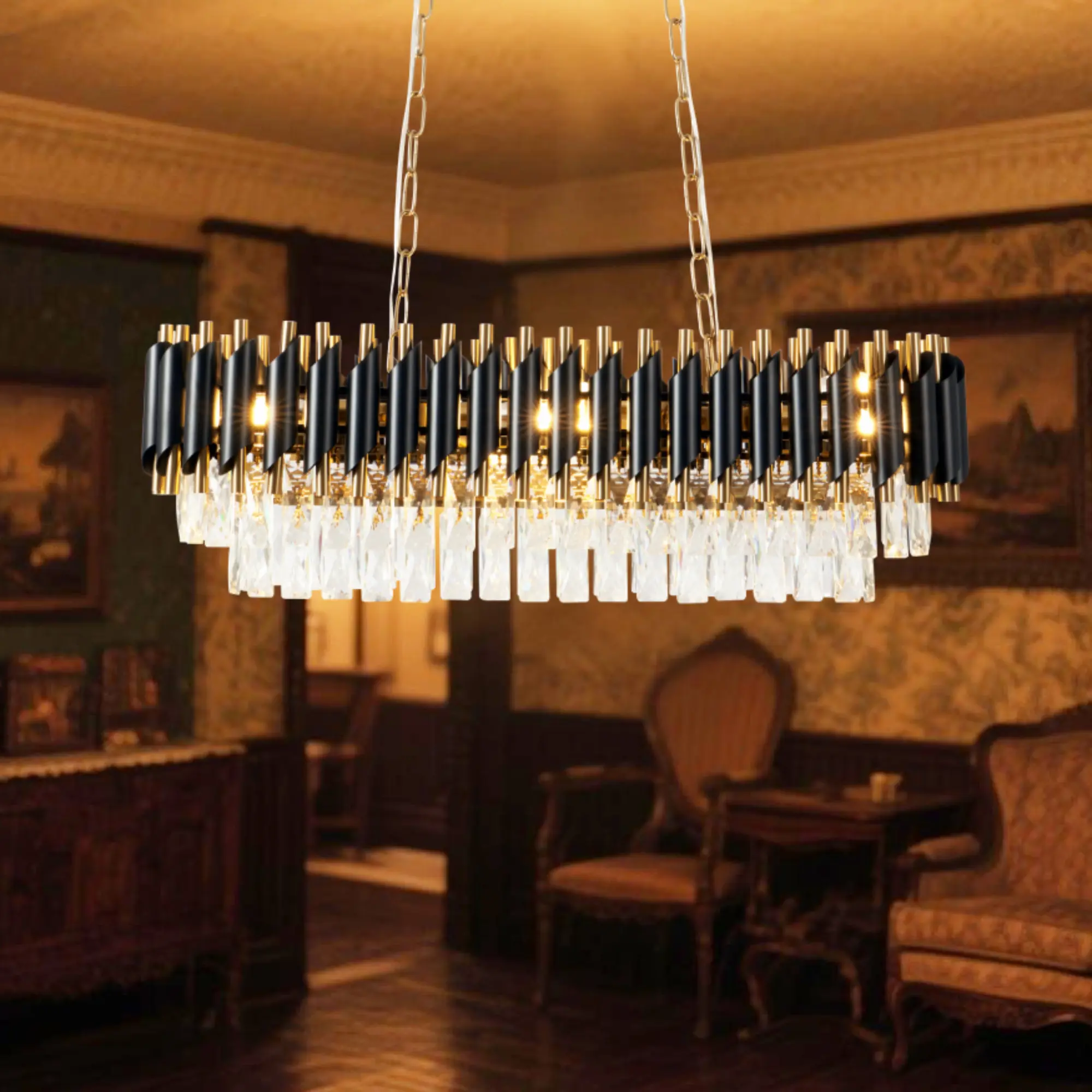 Black Gold 3-Tier Long Crystal Chandelier with 8-Light Heads, Luxury Style, Adjustable Length, Wall Controls, High Light Transmission for Living Room