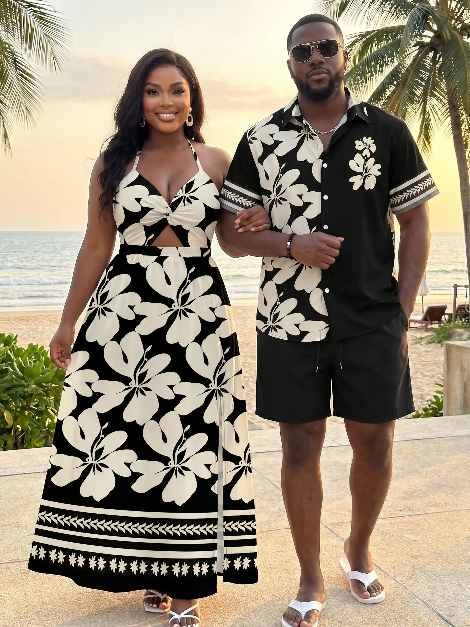 Hawaii Vacation Matching Couple Outfits Black White Plumeria Floral Tribal Print Men's Short Sleeve Shirt and Women's Twisted Cut Out Halter Slit Maxi Dress Set