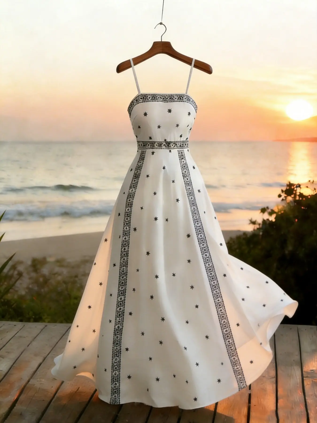 Women's White Boho Sundress, Floral Print Spaghetti Strap High Waist Flowy A-Line Dress, Perfect for Spring and Summer, Casual Wear, Geometric Print Dresses for Beach, Vacation, Picnic and Date