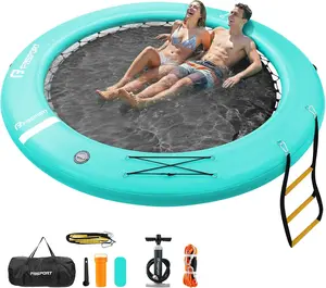FBSPORT Inflatable Dock Floating Platform - PVC Fabric Inflatable Pool Lounge, Trampoline Mesh Pool Raft, Water Hammock Deck with Cupholder for Lake, Round Floating Ring for Adults summerwins, Inflatable Pool Floats