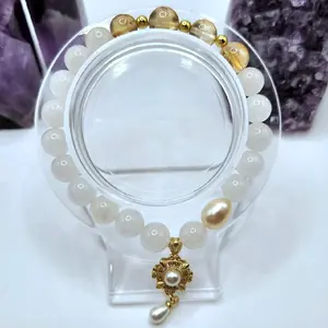 White Jade & High Quality Citrine Crystal Bracelet with Gold Dangle Charm with Pearl along with Gold Accents