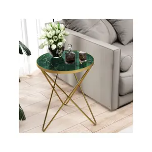 New 2024  HLR Modern Round End with Marble Effect Top Metal Frame Small Side Table for Living Room Bedroom Sofa and Couch Gold Legs