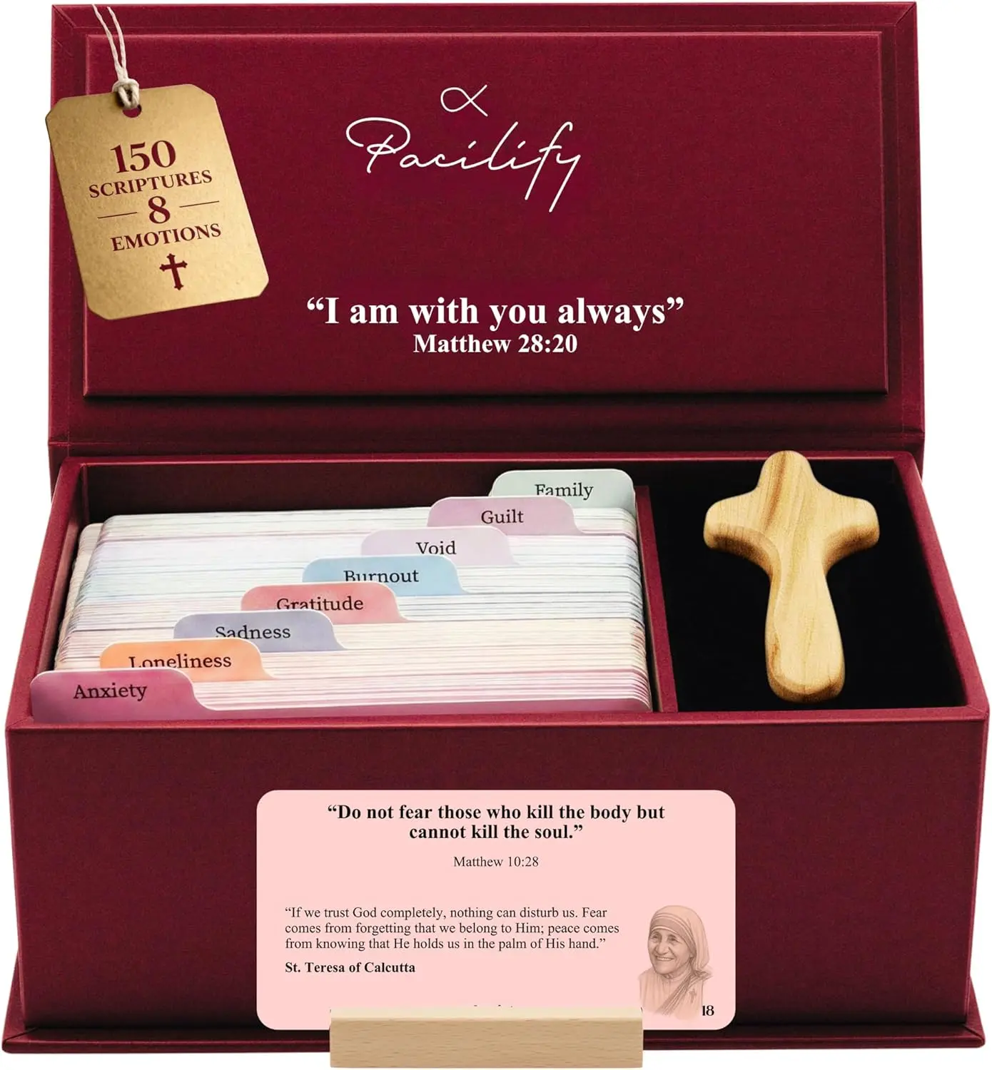 Read Me When You Need Faith & Strength | Bible Verse Card Box | 150 Scripture & Catholic Saints Quotes | Prayer Cards with Wooden Cross | Christian Gift for Women