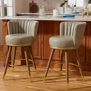 Counter Height Bar Stools Set of 2, 26 inch Swivel Upholstered Barstools with Backs, White Leather Kitchen Stools with Wood Legs and Footrest, Bar Chairs for Kitchen Island