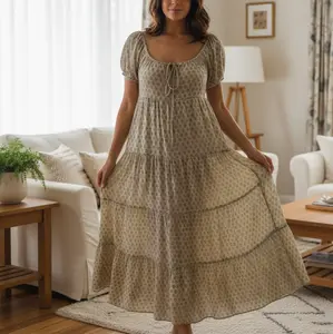 Woman Floral Puff Sleeve Maxi Dress Square Neck Ruffle Flowy Long Dresses Boho Tiered A Line Summer Sundress