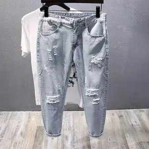 Clothing Washed Men's Casual Denim Jeans for Spring and Autumn Slim Fit Solid Pants Streetwear Ripped Holes Male