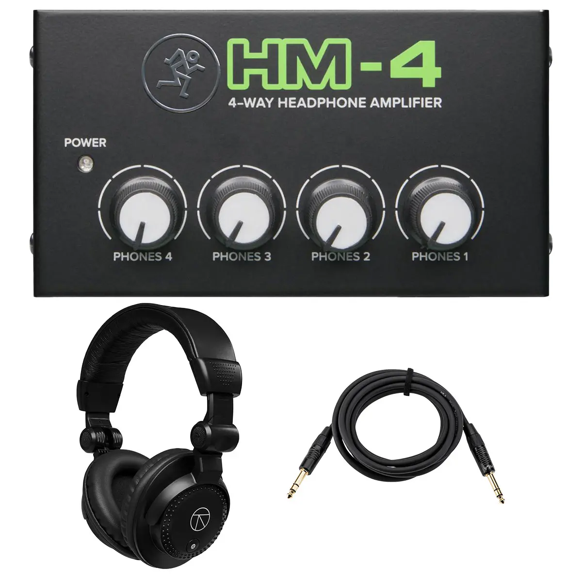 Mackie HM-4 4-Way Headphone Amplifier, Bundle with TAPH100 Headphones and 1/4" TRS Male Cable