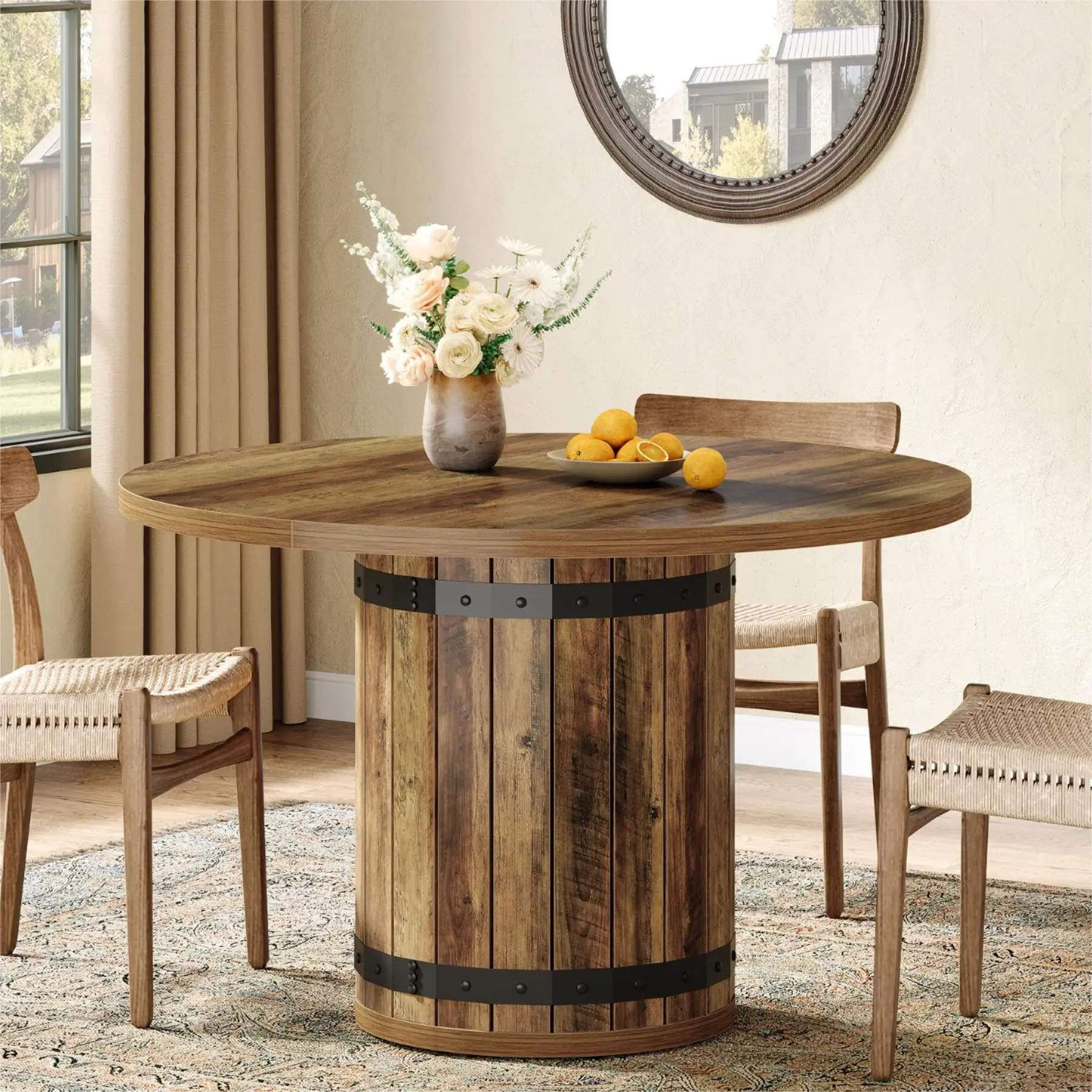 Tribesigns Farmhouse Round Dining Table, 39.37-Inch for 4 People, Rustic Brown Table for Kitchen or Living Room