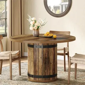 Tribesigns Farmhouse Round Dining Table, 39.37-Inch for 4 People, Rustic Brown Table for Kitchen or Living Room