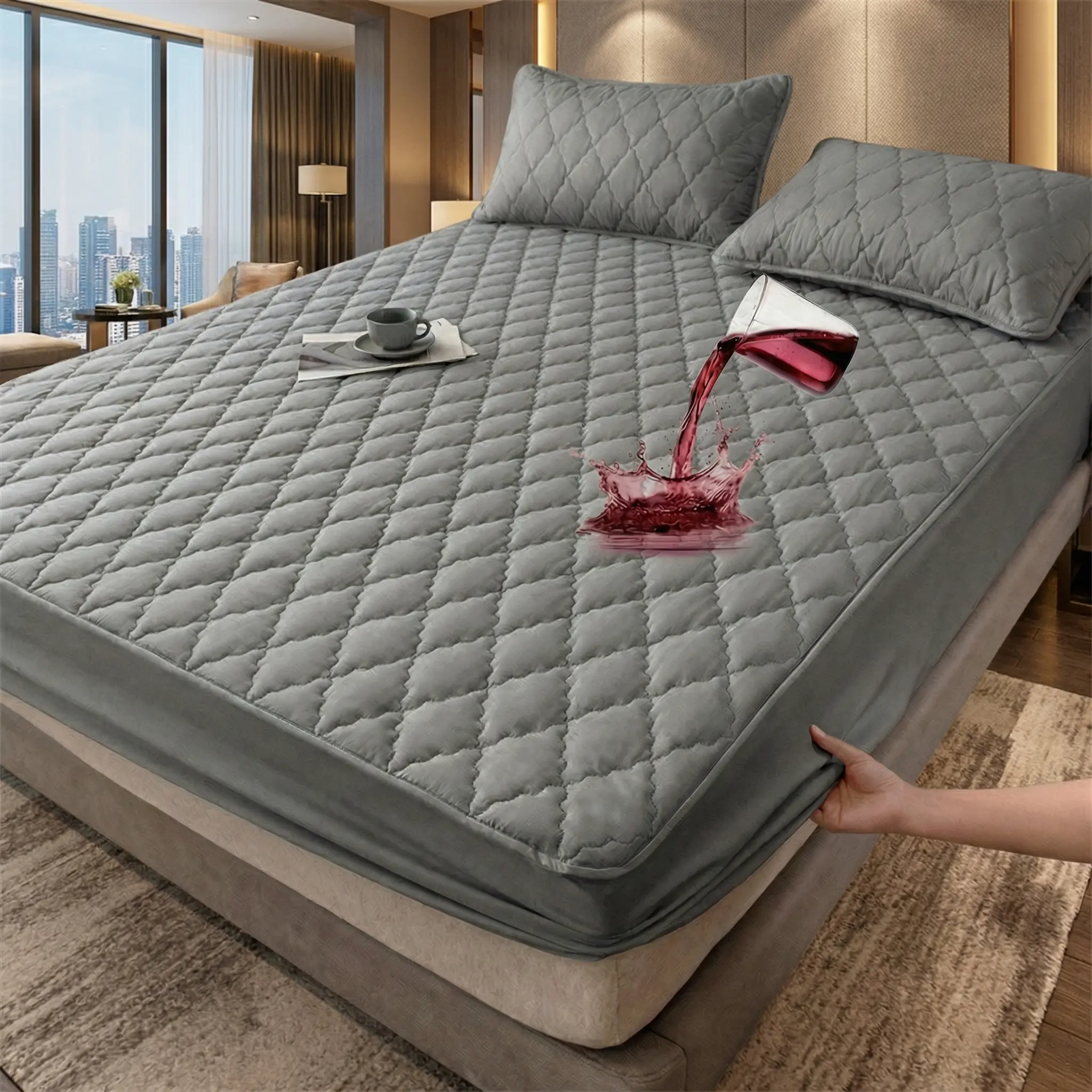 Waterproof Mattress Cover 3-Piece Bedding Set - Argyle Quilted Protector with 16 in Deep Pocket Fitted Sheet, Pillowcases, 360° Deep Pocket Design, Soft Breathable, Machine Washable (Twin, Full 53.94, Extra Large, Queen) for Bedroom, Dormitories