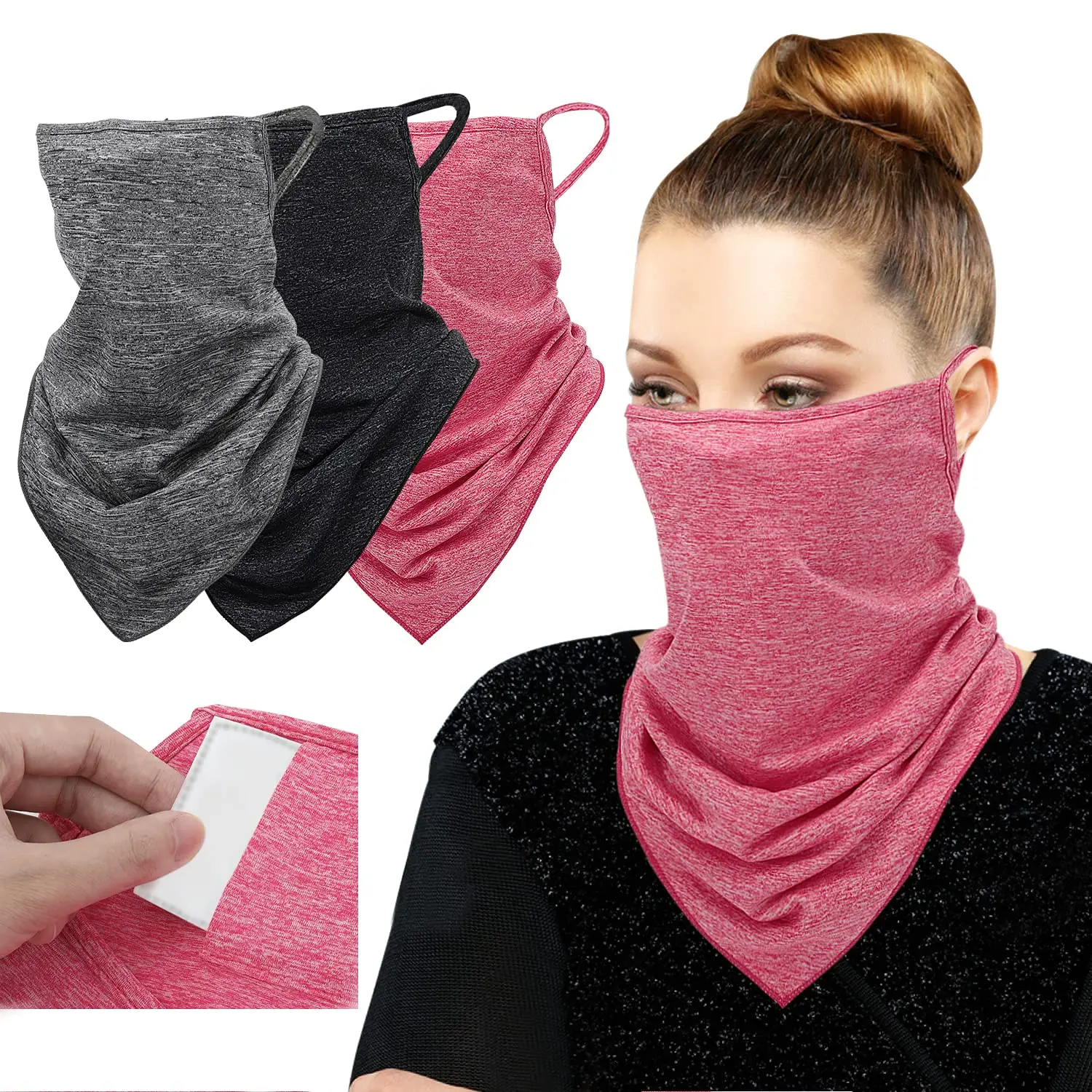 MoKo Scarf Mask Bandana with Ear Loops 3 Pack, Neck Gaiter Balaclava with Filter Pocket Face Mask for Outdoor for Women Men  freeski masks tube outdoor sport