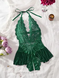 Romantic Valentine's Day Gift, Women's Sexy Lace Underwear, Lingerie, Deep V Neck, Smooth Fabric, Soft, Semi-Transparent, All Seasons Sleeveless, Lace Lingerie Bodysuit