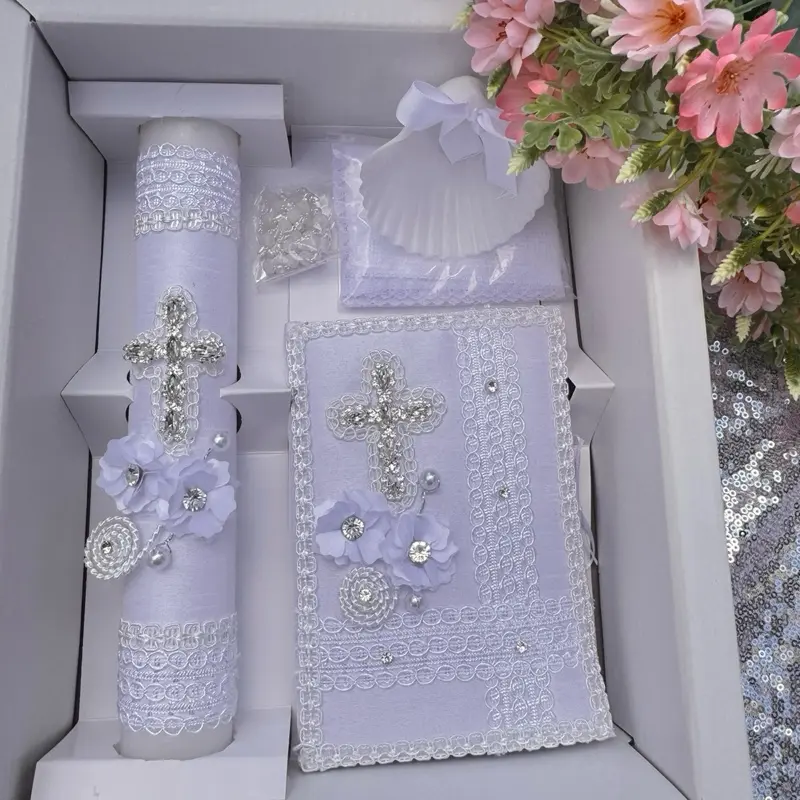 Elegant 5pcs Traditional Baptism Candle Set - 8in Candle, Rosary, New Testament, Decorative Elements in Box for Boys & Girls (English & Spanish, White) | Baptism Celebration Party Supplies