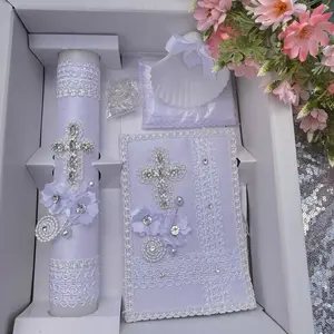 5pcs Baptism Candle Set with 8”Candle, Rosary, New Testament & Decorative Elements in Box for Boys and Girls English & Spanish white