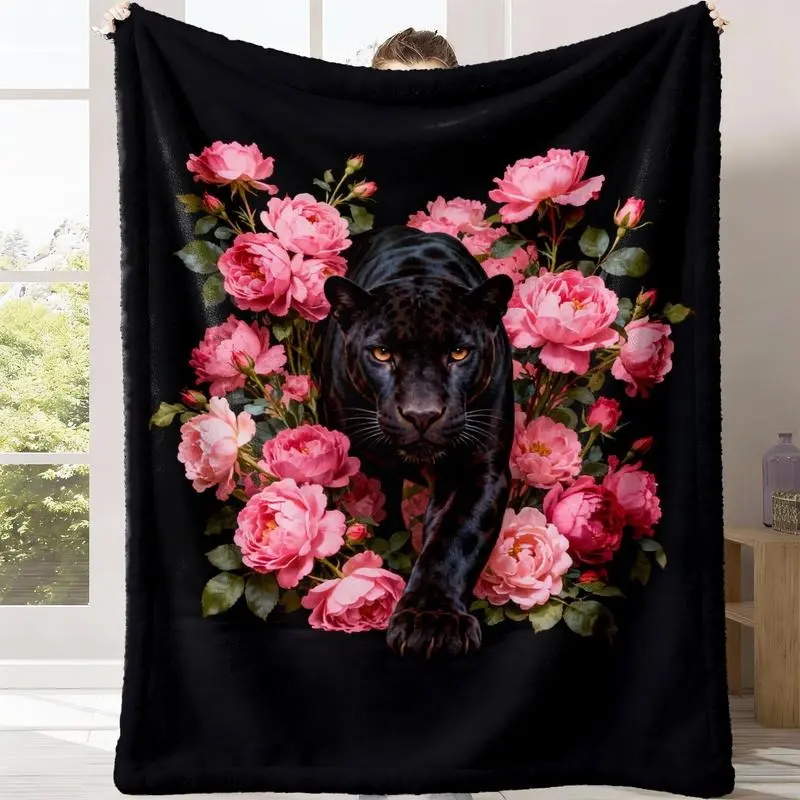 Gothic Black Panther & Pink Peonies Plush Sherpa Throw Blanket - Flannel Look, Ultra Soft, Dark Romantic Floral Design for Bedroom Decor, Bedroom Use