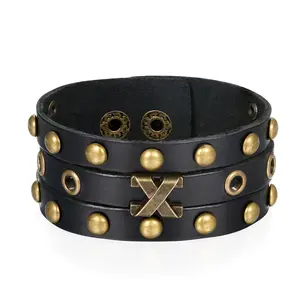 OIDEA Men's Multi-Layer Studded Leather Punk Bracelet, Adjustable Rivet Biker Wristband with Alloy Hardware