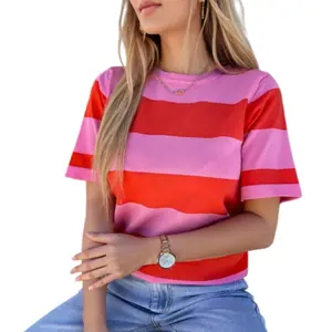 Asvivid Women's Summer Tops Bright Pink Colorblock Striped Ribbed Knitted Round Neck T Shirt Stripe Top