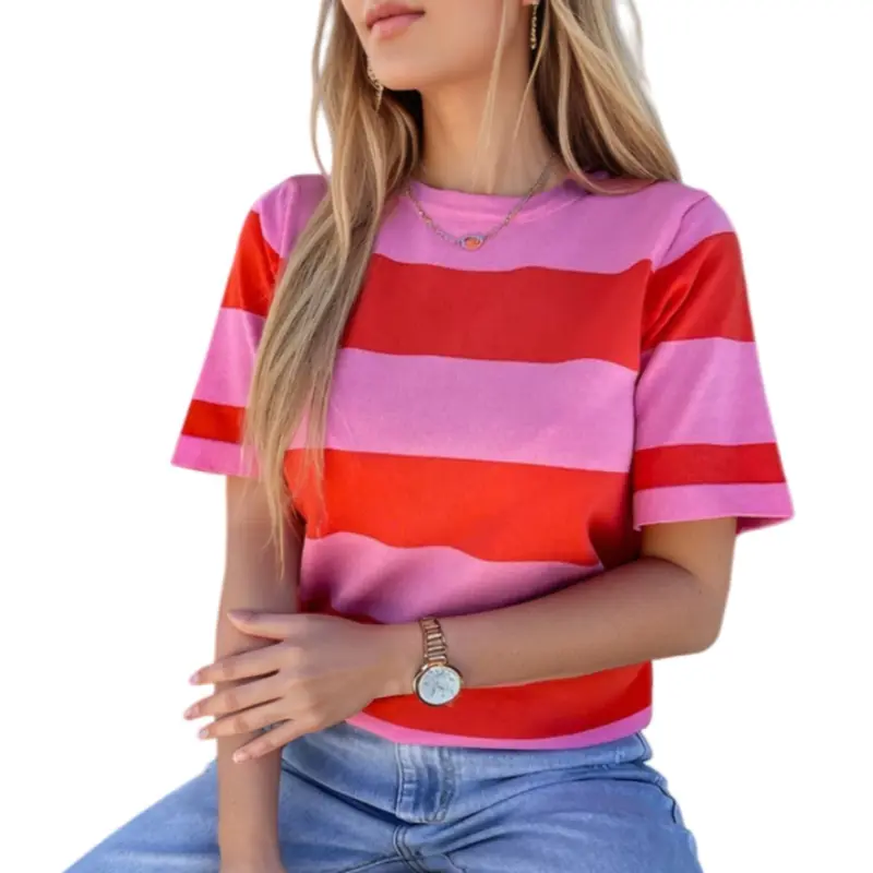 Asvivid Women's Summer Tops Bright Pink Colorblock Striped Ribbed Knitted Round Neck T Shirt Stripe Top Casual Womenswear Tshirt