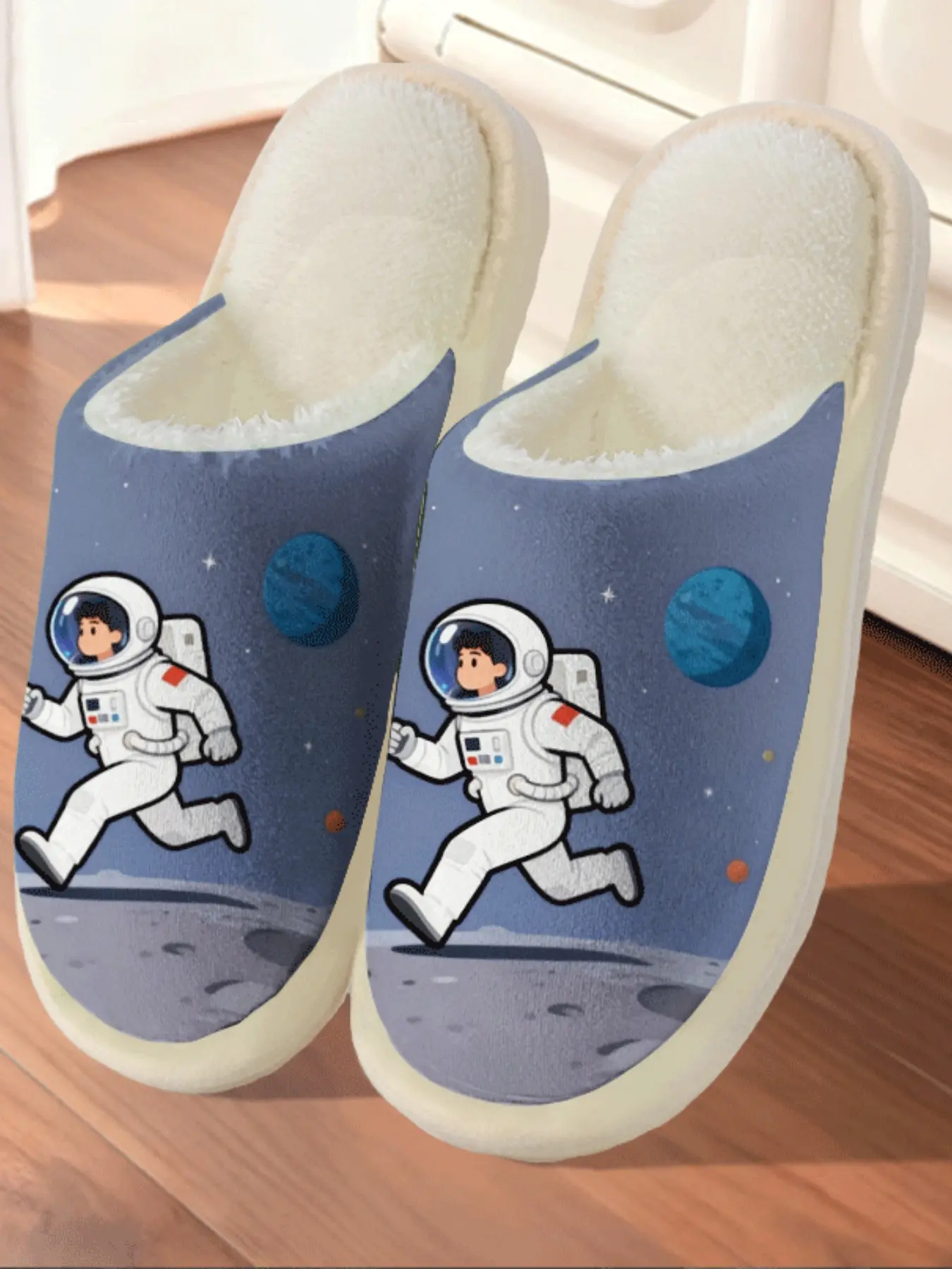 Astronaut Space Odyssey Plush Slippers, Cozy Warm Fleece Lining, Anti-Slip Soft Sole, Fall Winter Home Shoes for Sci-Fi Fans