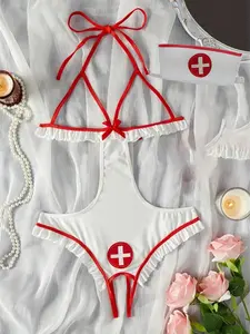 2-Piece Women's Sexy Lingerie Set, Colorblock Halloween Naughty Maid Nurse Costume, Nightclub, Role Play Clothing, Sensual Underwear