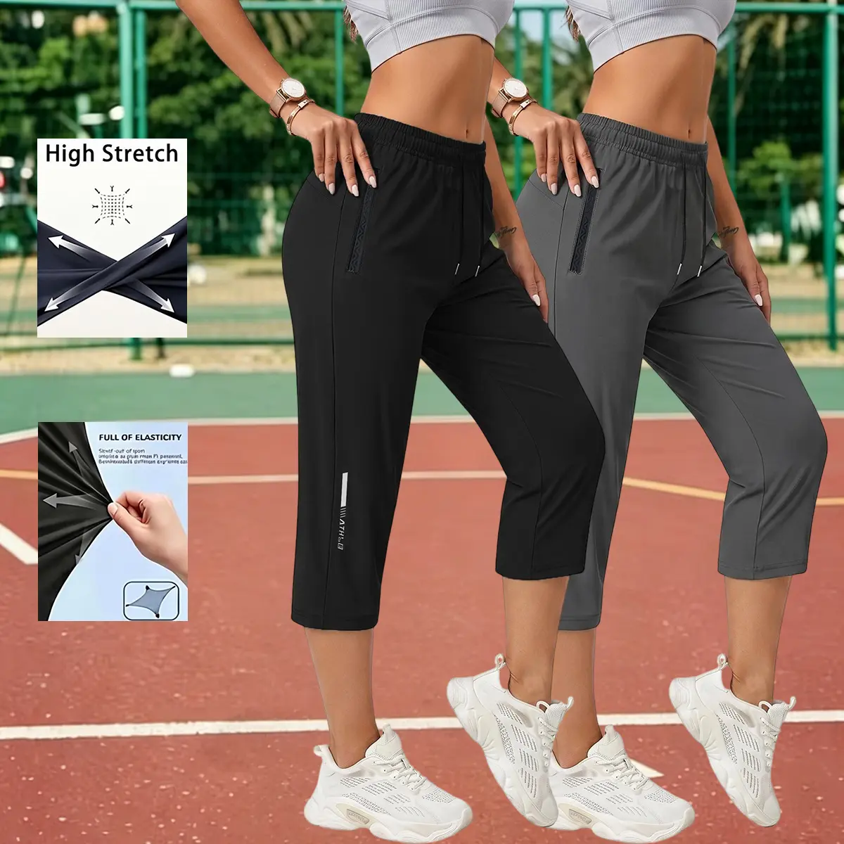 Women’s two-piece athletic shorts set — 7/8 shorts with belt; waterproof, breathable, stretchy, quick-drying, durable; suitable for running, gym, and tennis; summer running shorts