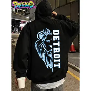 Men's Detroit Lion Graphic Back Print Graphic Hoodie - Cotton Blend Black Long Sleeve Pullover Regular Fit | Soft & Breathable Fabric, Durable Print, Everyday Comfort, Machine Washable, streetwear urban night street