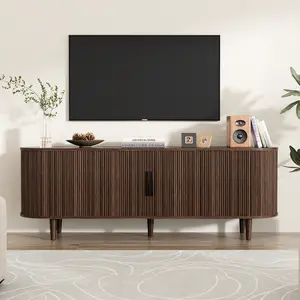 VOWNER 63'' Modern Curved Sliding Door TV Stand Fits 55–60 Inch TVs– Oval TV Console Cabinet with Power Outlet & Adjustable Shelves for Living Room, Media Console, Bedroom Furniture , Cable Management, Metal Handles,White, Black, Walnut Natural Wood