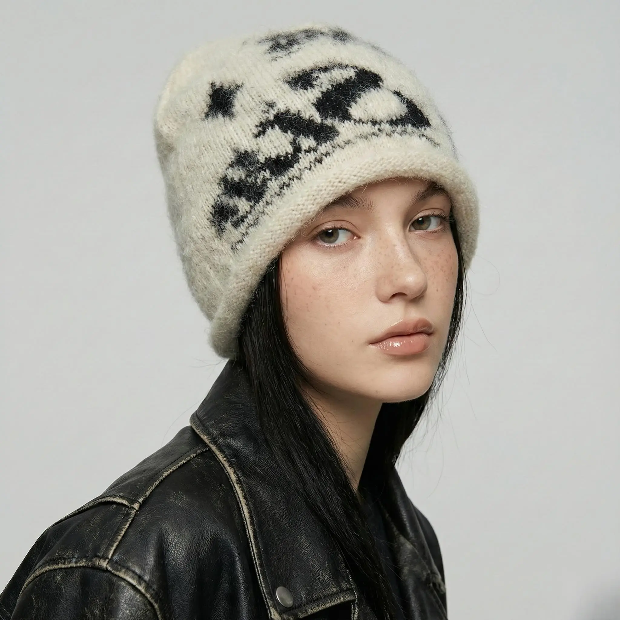 y2k star graphic fuzzy beanie hat oversized slouchy knit cap grunge aesthetic winter warm streetwear accessories for women bad hair day essential acubi fashion Streetwear Gift