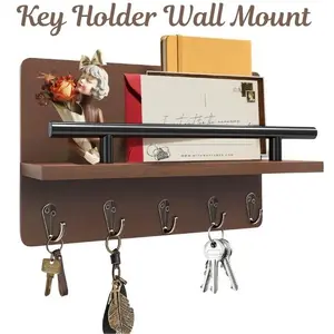 Rustic Wooden Wall Mount Key Holder with Shelf, 5 Hook Mail Organizer, Dog Leash & Glasses Hanger, Entryway Storage Rack with Hardware, Home Decor, Mother’s Day Gift, Father’s Day Gift, Birthday Gift