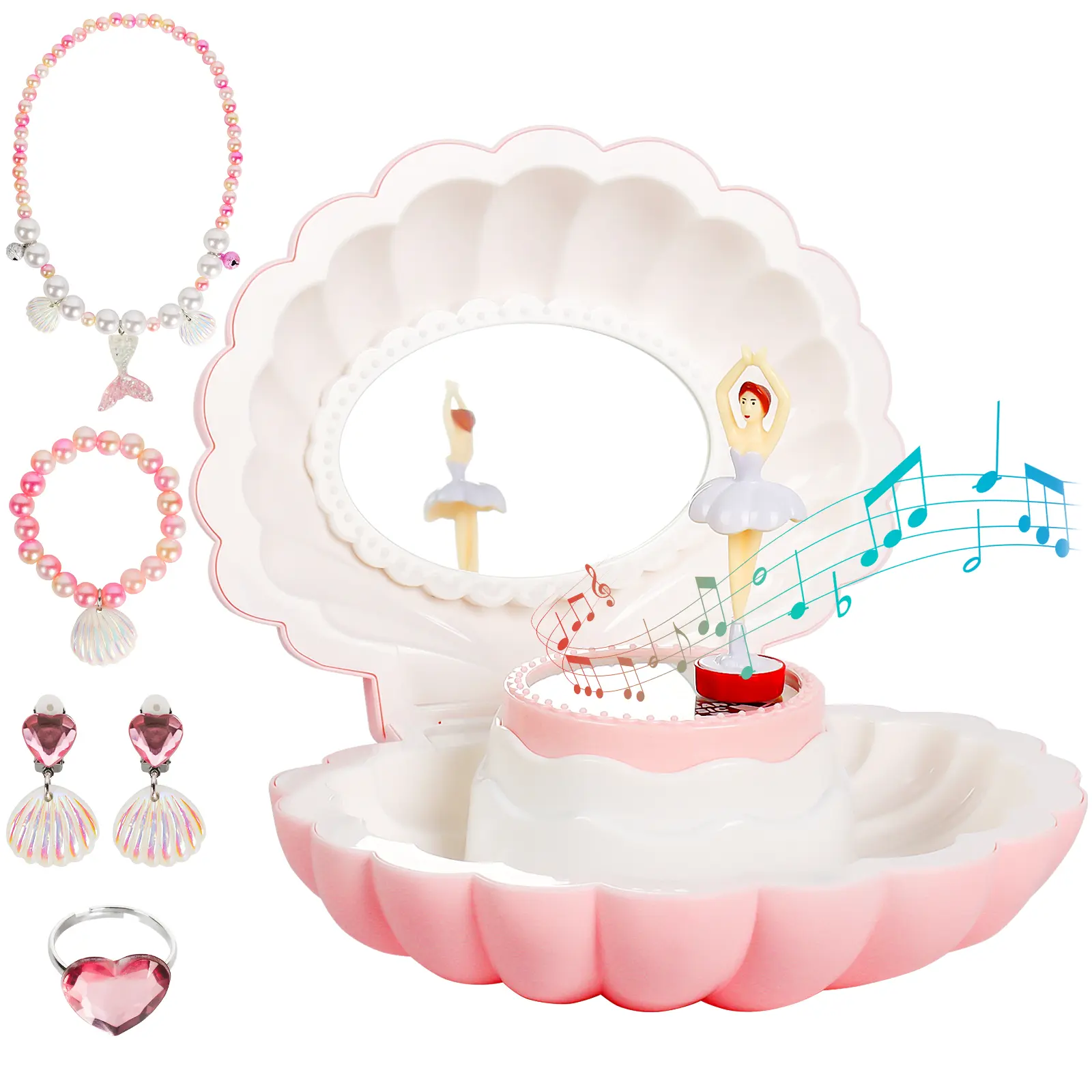 Sturdy Pink & White Ballerina Shell Plastic Musical Jewelry Box - LED Light, Mirror, 6.3x5.12x3.15in Home Decor, Sweet Daily Storage, Magical Songs, Princess-Inspired Kids' Birthday Gift for Home Decorating