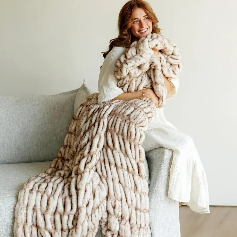 Hugs Topaz Soft Knit Blanket - Beige Stretchy Design Soft Blankets for Cozy Warm Bedding & Throws, Cozy Warm Blanket