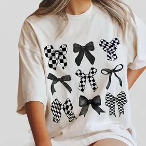 Women's Soft Coquette Printed Checkered Black Bow T-Shirt - Streetwear, Round-Crew Neck, Unisex Classic Cotton Fabric, Casual Fit, Love-Worthy Design
